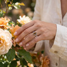 [KI] Silberring mit Tigerauge an der Hand zwischen Blumen
