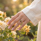 [KI] Silberring mit Tigerauge an der Hand zwischen Blumen