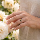 [KI] Silberring mit Tigerauge an der Hand zwischen Blumen