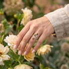 [KI] Silberring mit Tigerauge an der Hand zwischen Blumen