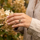 [KI] Silberring mit Tigerauge an der Hand zwischen Blumen