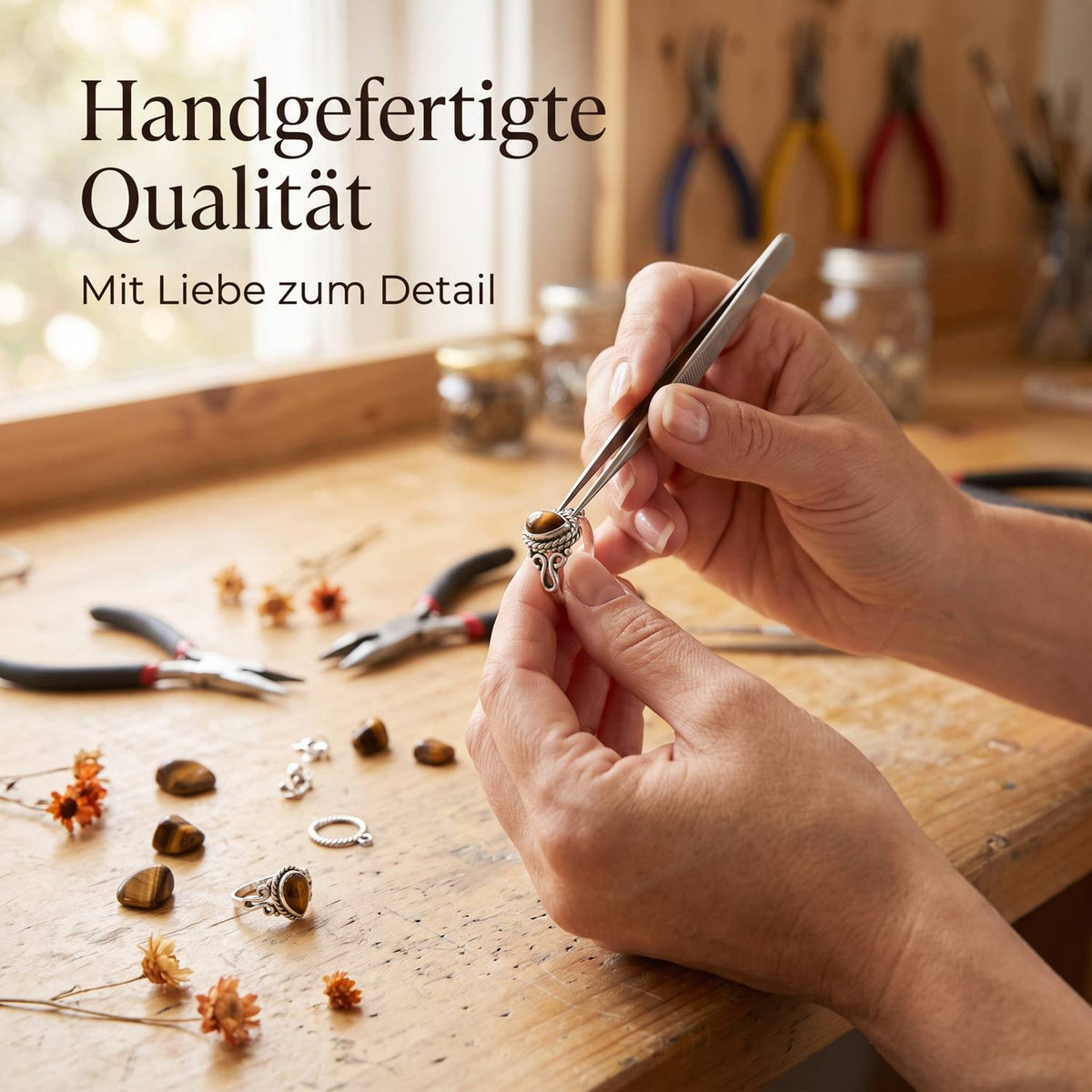 Handgefertigter Silberring mit Tigerauge bei der Schmuckherstellung