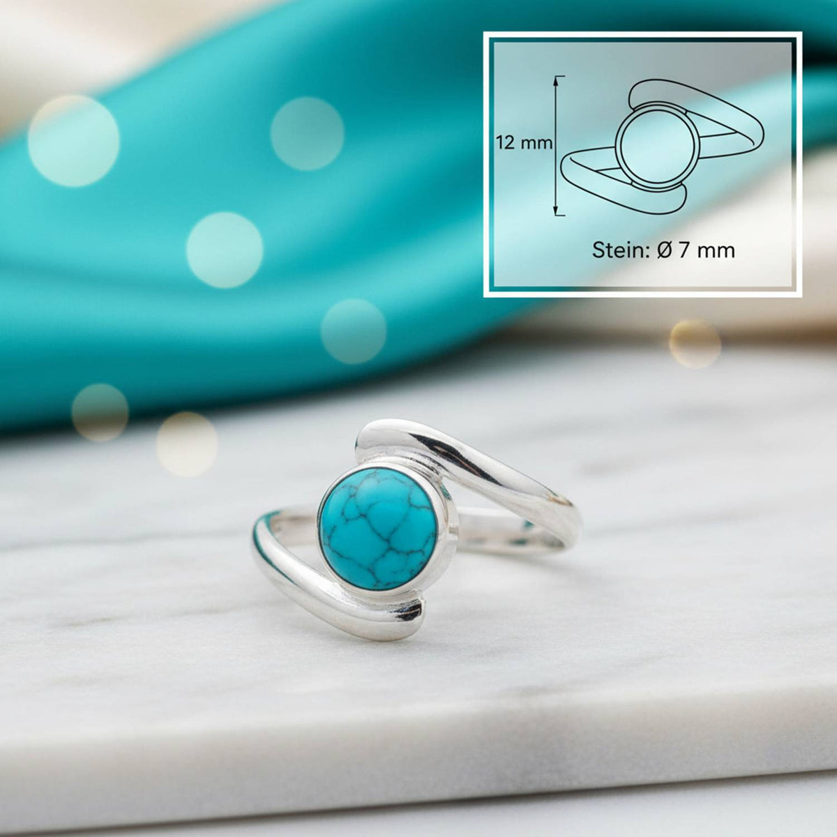 Türkisring aus Silber mit Maßangaben zu Ring und Edelstein