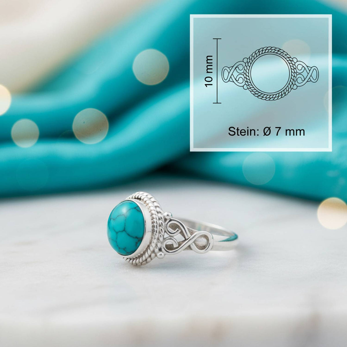 Türkisring aus Silber mit Maßangaben zu Ring und Edelstein