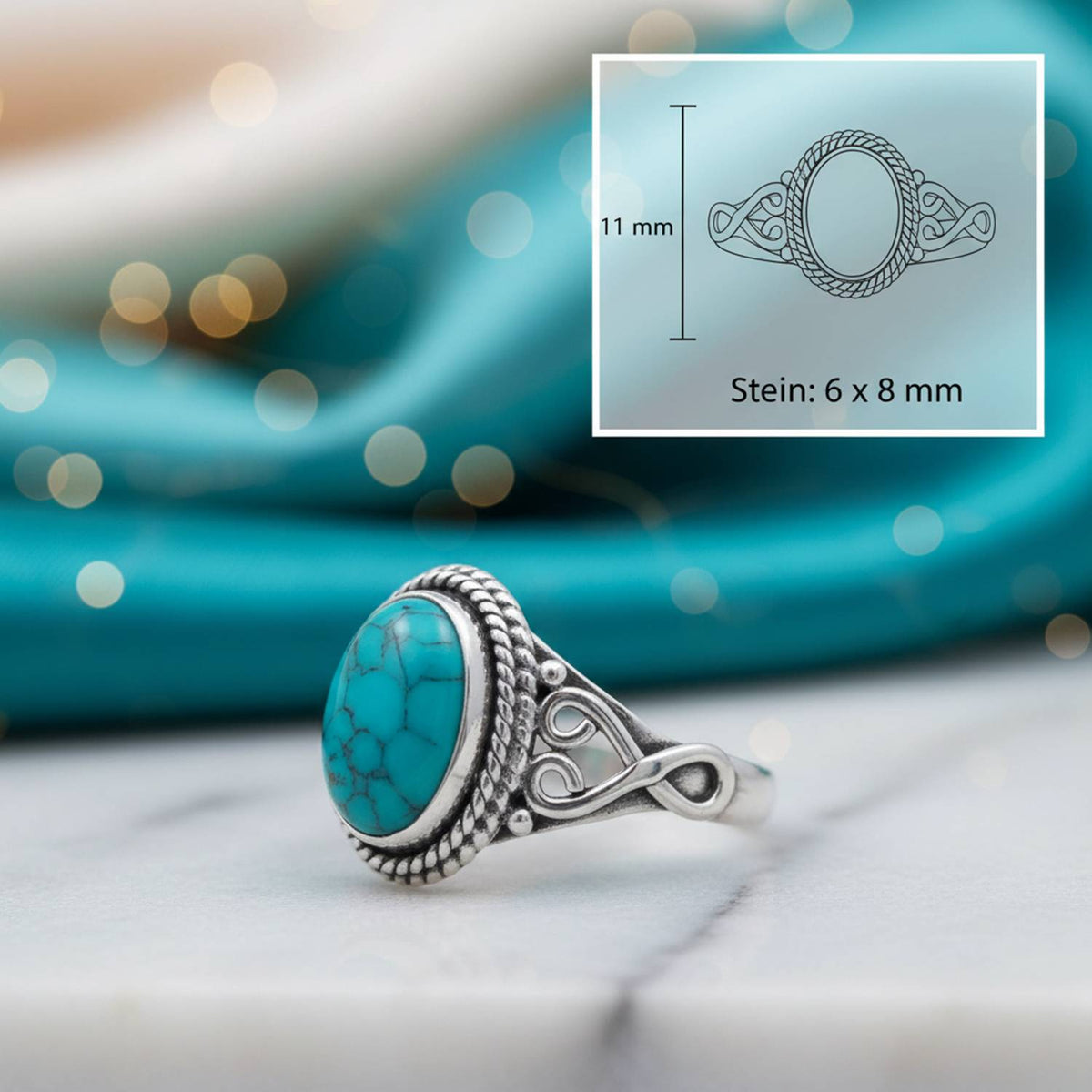 Türkisring aus Silber mit Maßangaben zu Ring und Edelstein