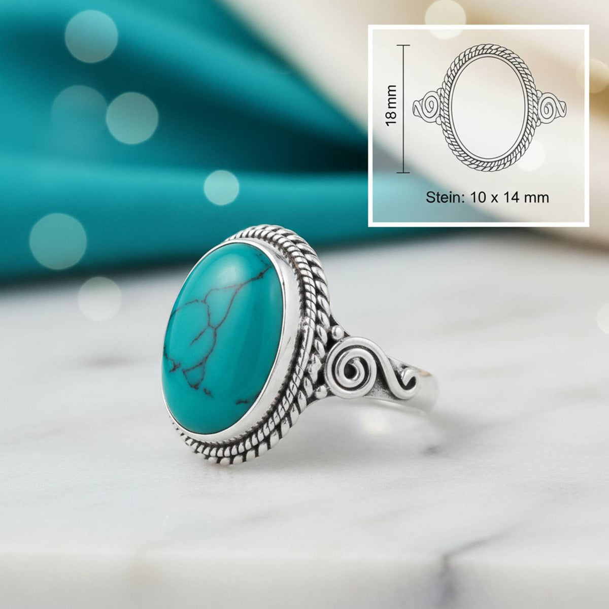 Türkisring aus Silber mit Maßangaben zu Ring und Edelstein