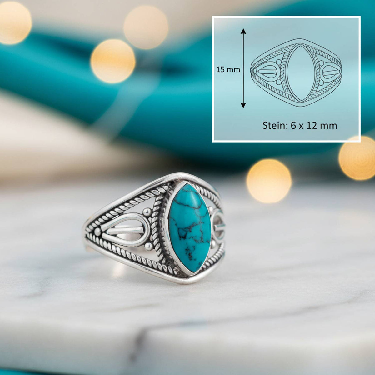 Türkisring aus Silber mit Maßangaben zu Ring und Edelstein