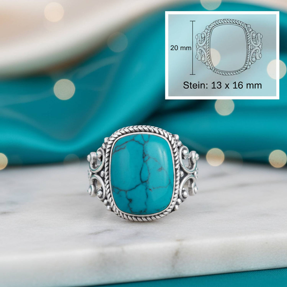 Türkisring aus Silber mit Maßangaben zu Ring und Edelstein