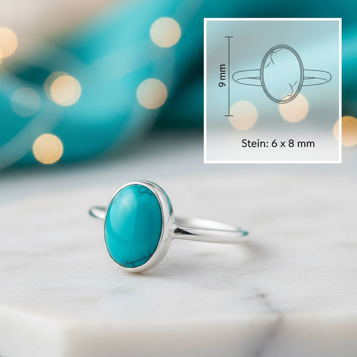 Türkisring aus Silber mit Maßangaben zu Ring und Edelstein