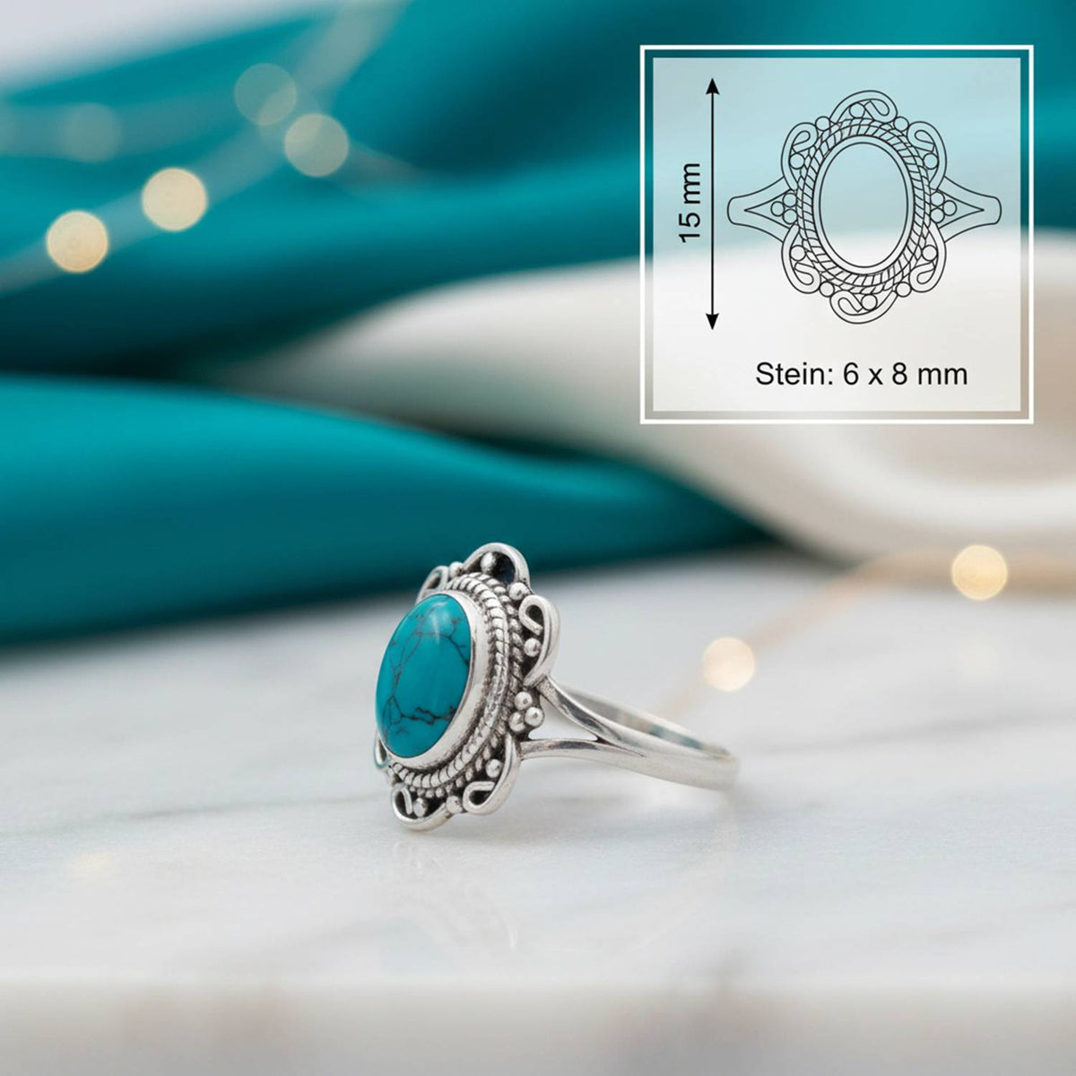 Türkisring aus Silber mit Maßangaben zu Ring und Edelstein