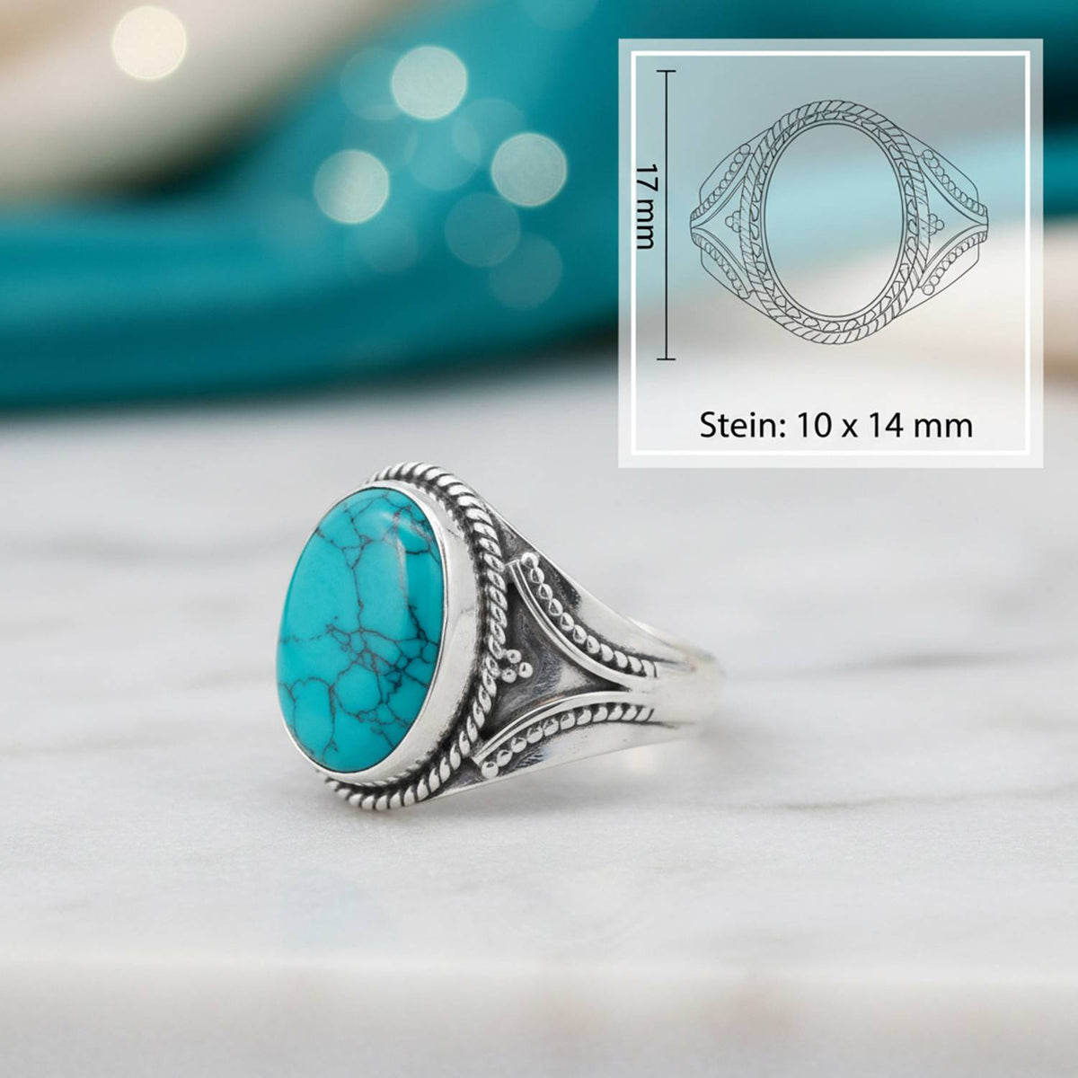 Türkisring aus Silber mit Maßangaben zu Ring und Edelstein