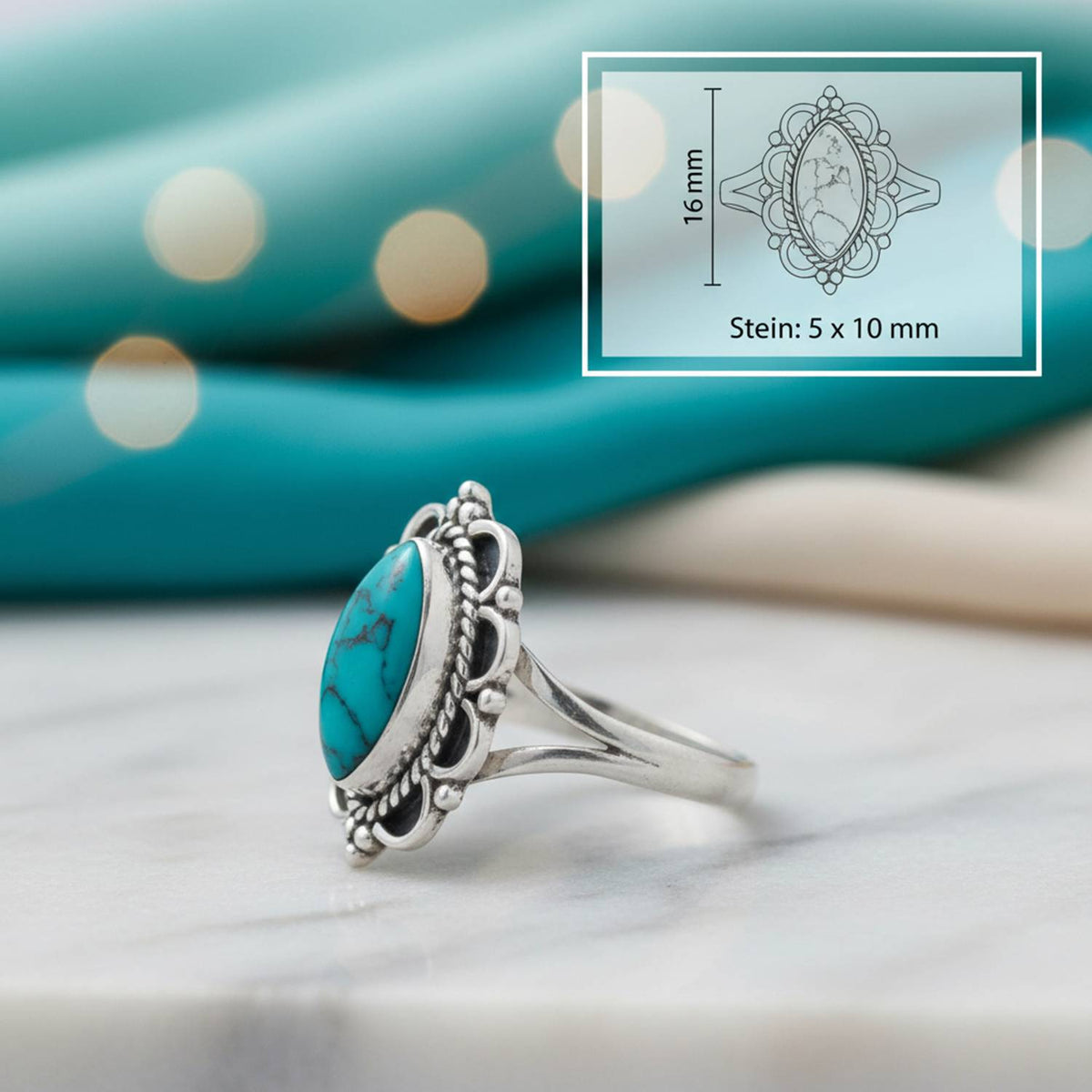 Türkisring aus Silber mit Maßangaben zu Ring und Edelstein