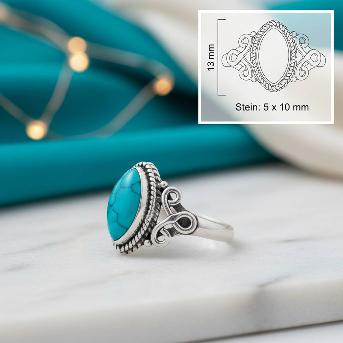 Türkisring aus Silber mit Maßangaben zu Ring und Edelstein