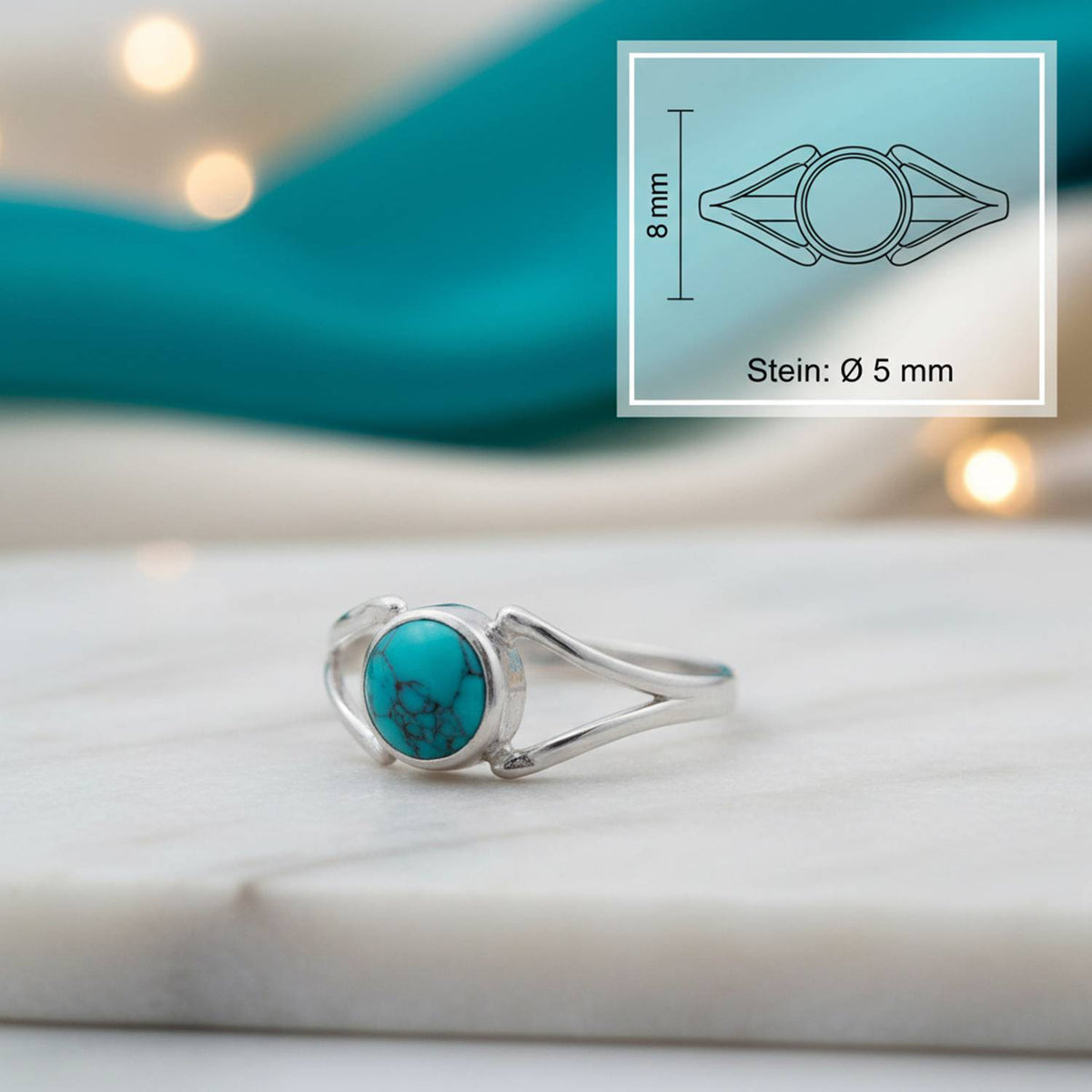 Türkisring aus Silber mit Maßangaben zu Ring und Edelstein