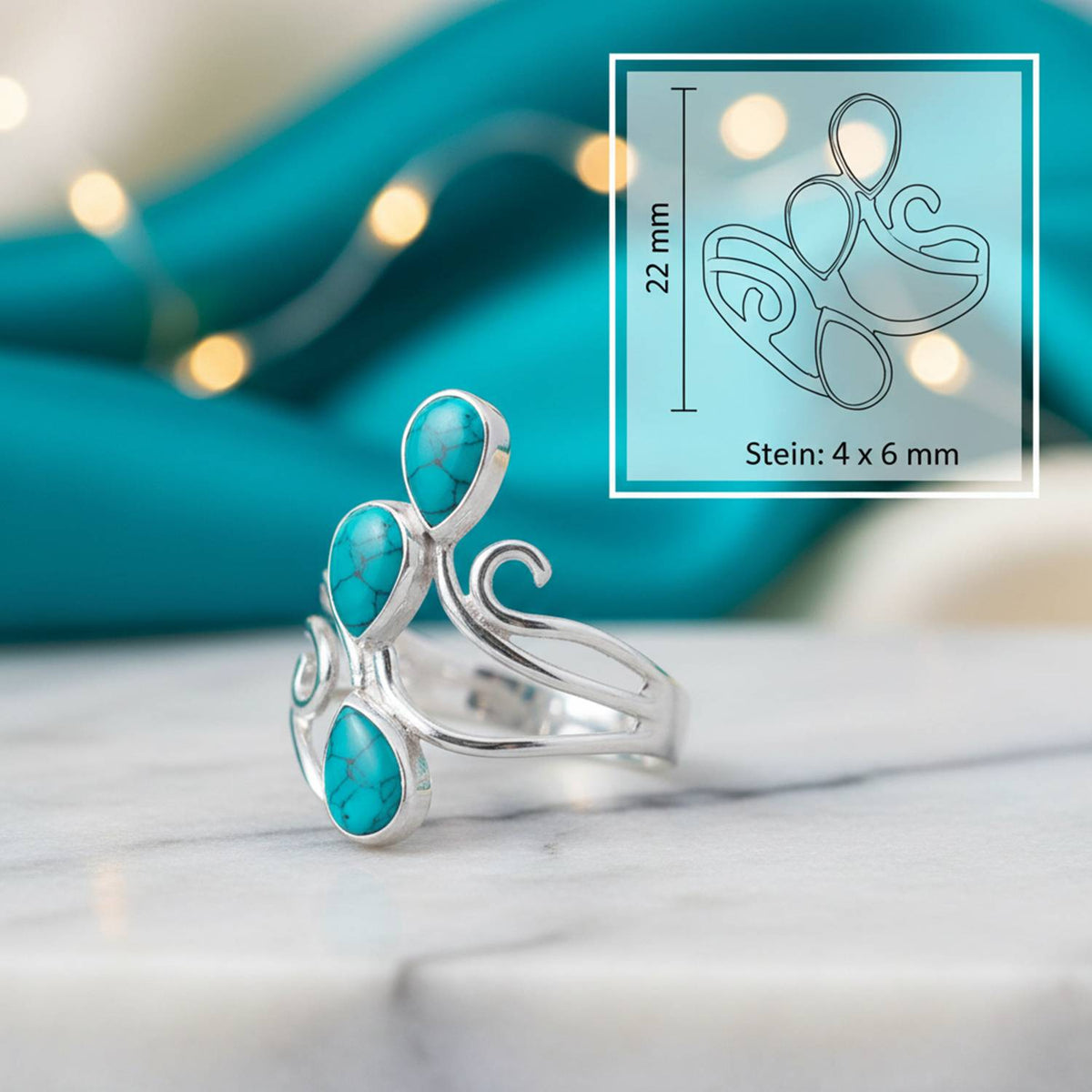 Türkisring aus Silber mit Maßangaben zu Ring und Edelstein