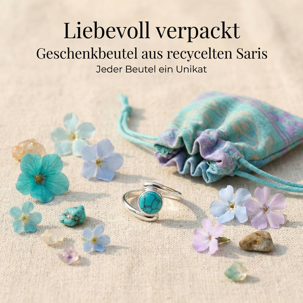 Silberring mit Türkis und Geschenkbeutel aus recyceltem Sari