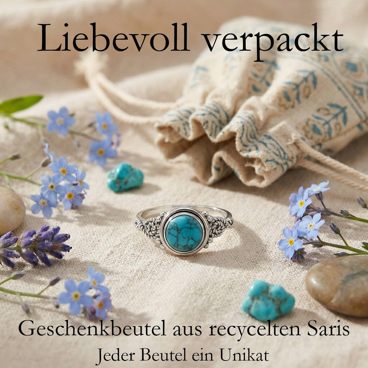 Silberring mit Türkis und Geschenkbeutel aus recyceltem Sari