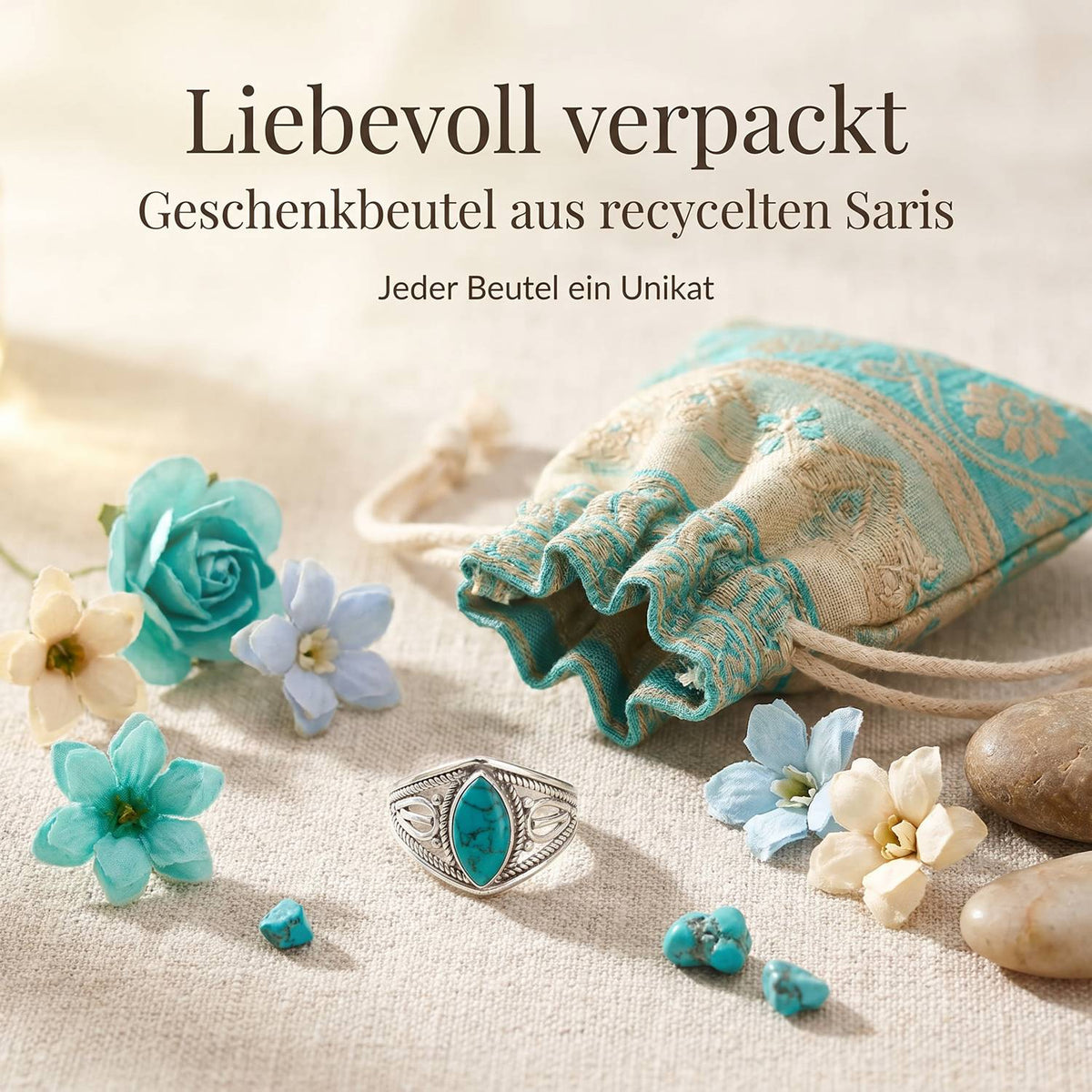 Silberring mit Türkis und Geschenkbeutel aus recyceltem Sari