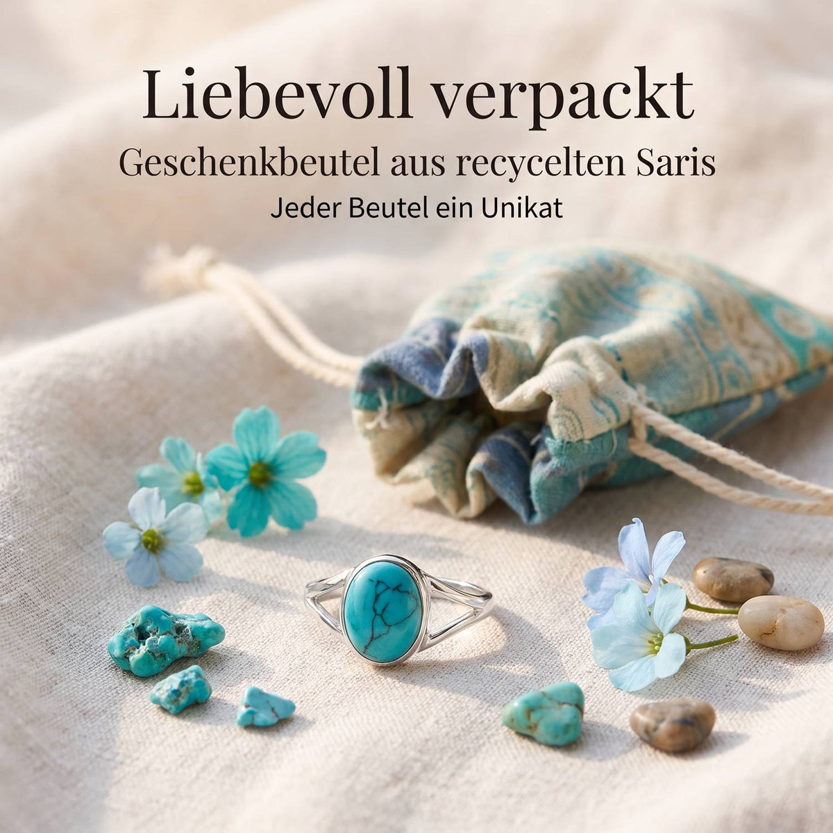 Silberring mit Türkis und Geschenkbeutel aus recyceltem Sari