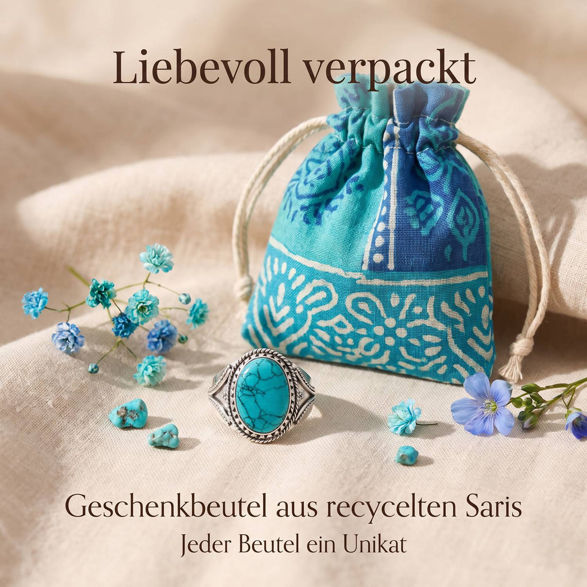 Silberring mit Türkis und Geschenkbeutel aus recyceltem Sari