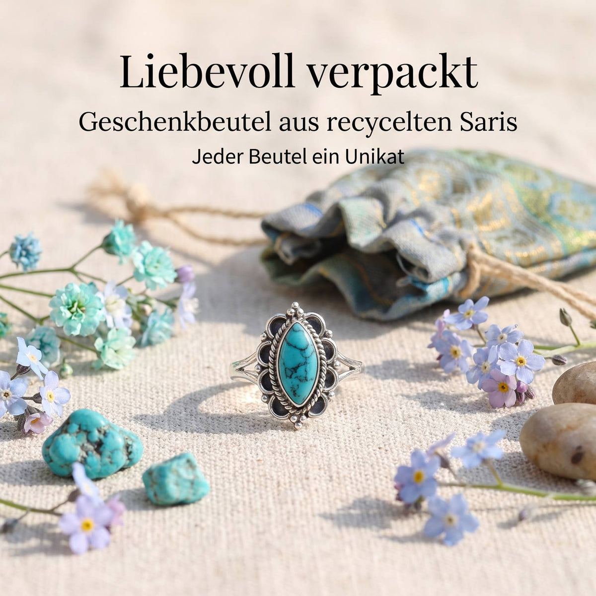 Silberring mit Türkis und Geschenkbeutel aus recyceltem Sari