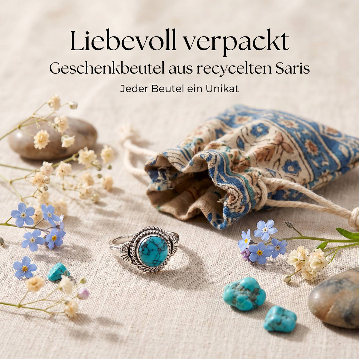 Silberring mit Türkis und Geschenkbeutel aus recyceltem Sari
