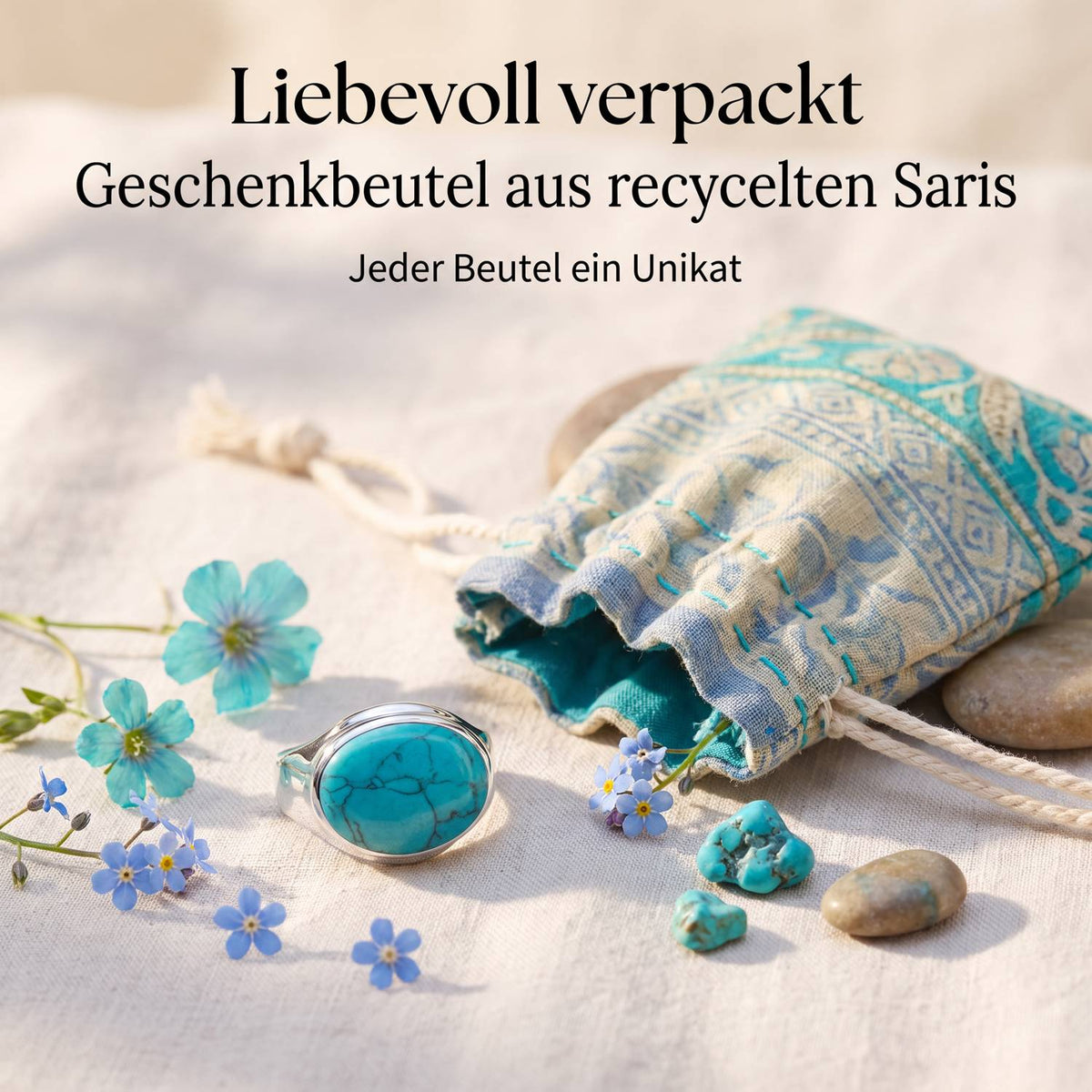 Silberring mit Türkis und Geschenkbeutel aus recyceltem Sari