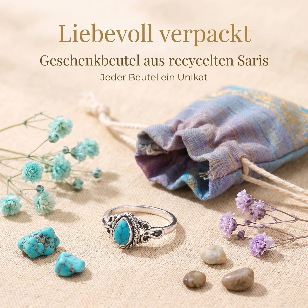 Silberring mit Türkis und Geschenkbeutel aus recyceltem Sari