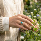 [KI] Silberring mit Türkis an der Hand zwischen Blumen