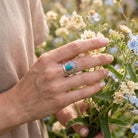[KI] Silberring mit Türkis an der Hand zwischen Blumen