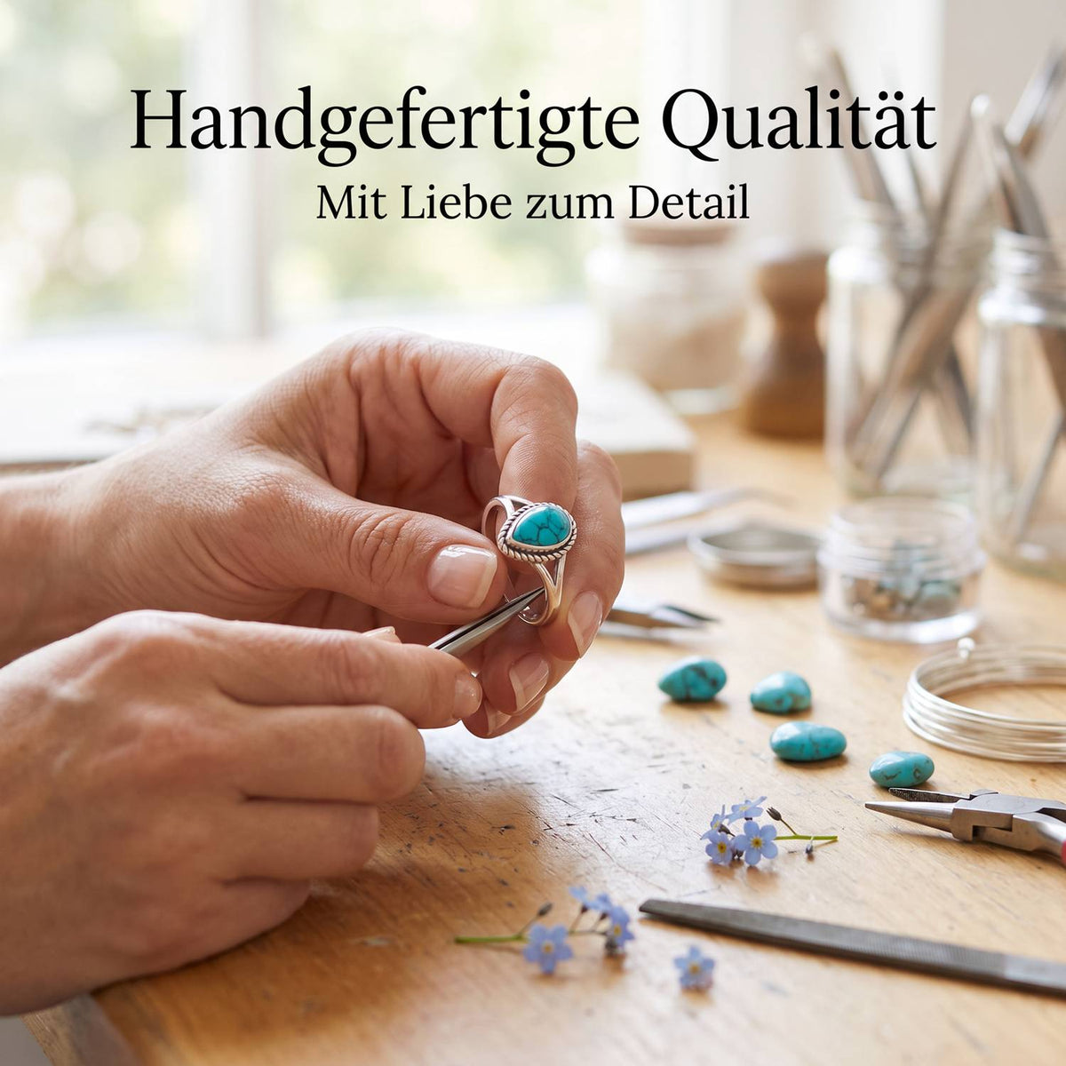 Handgefertigter Silberring mit Türkis bei der Schmuckherstellung
