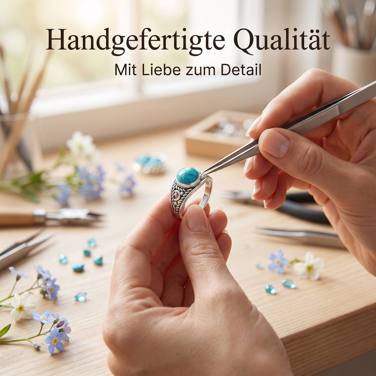 Handgefertigter Silberring mit Türkis bei der Schmuckherstellung