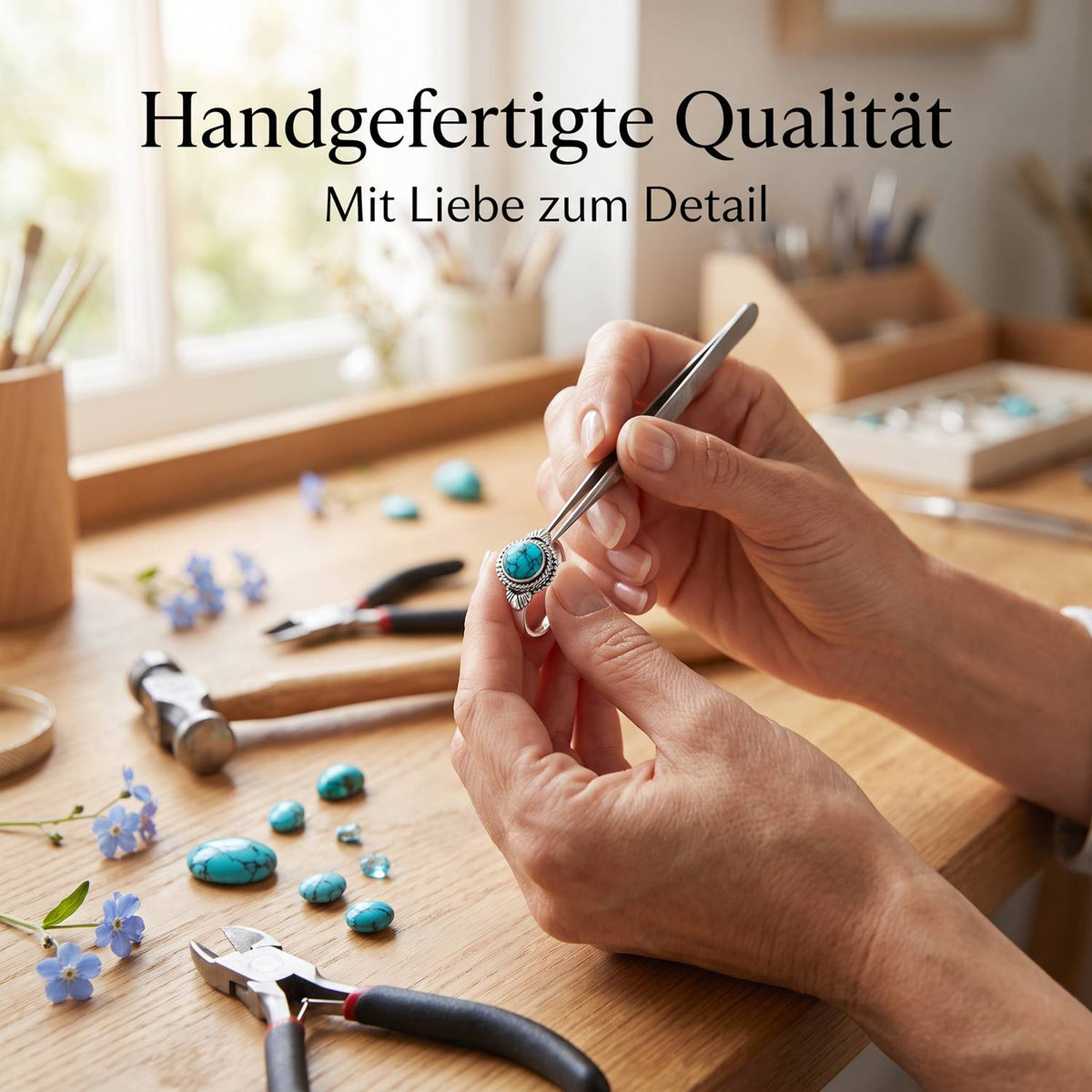Handgefertigter Silberring mit Türkis bei der Schmuckherstellung
