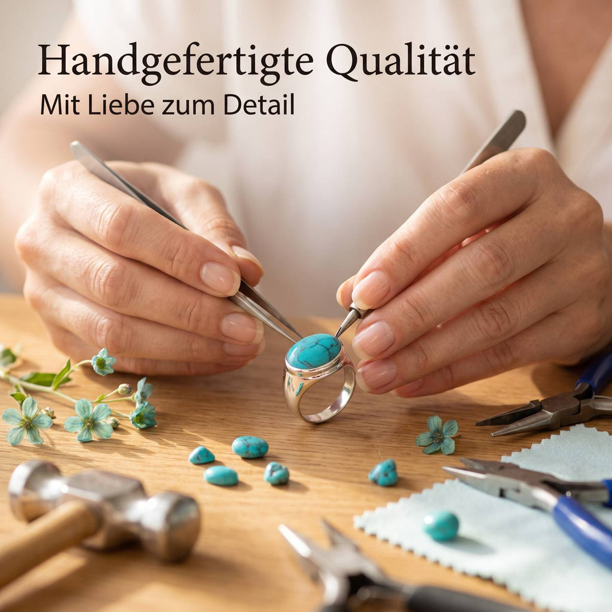 Handgefertigter Silberring mit Türkis bei der Schmuckherstellung