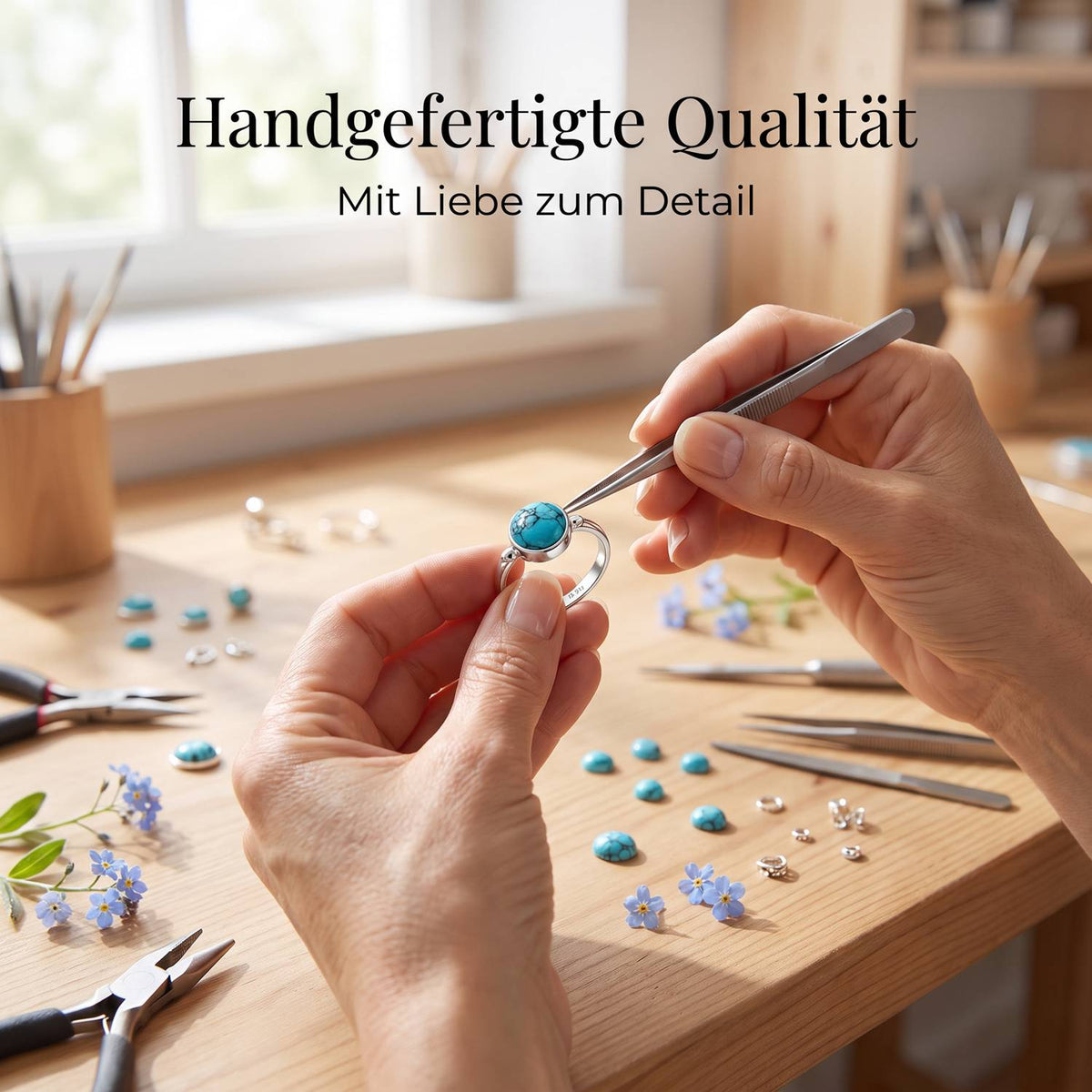 Handgefertigter Silberring mit Türkis bei der Schmuckherstellung