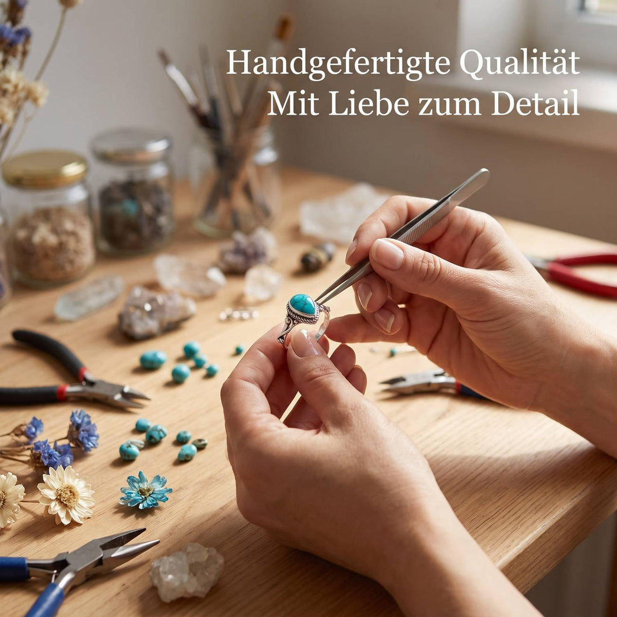 Handgefertigter Silberring mit Türkis bei der Schmuckherstellung