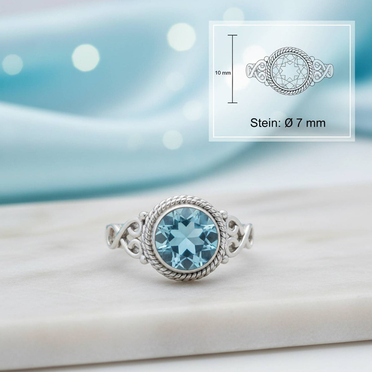 Topasring aus Silber mit Maßangaben zu Ring und Edelstein