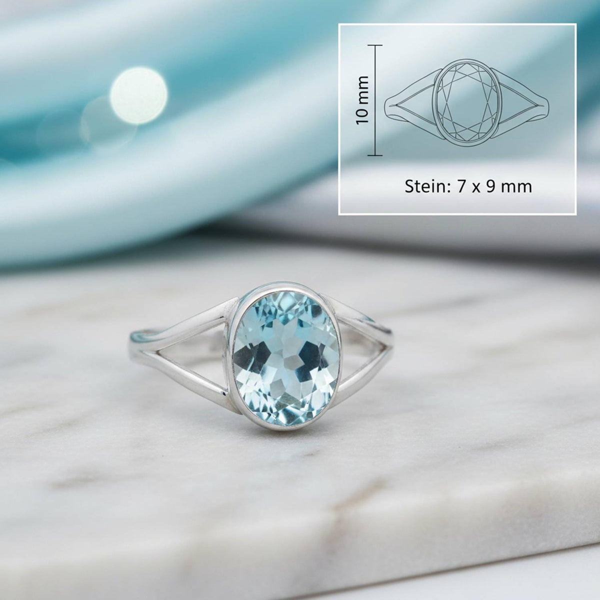 Topasring aus Silber mit Maßangaben zu Ring und Edelstein