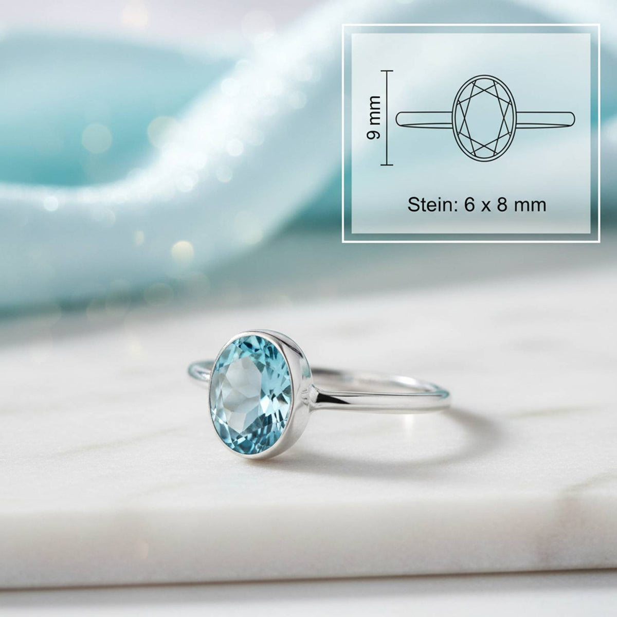 Topasring aus Silber mit Maßangaben zu Ring und Edelstein