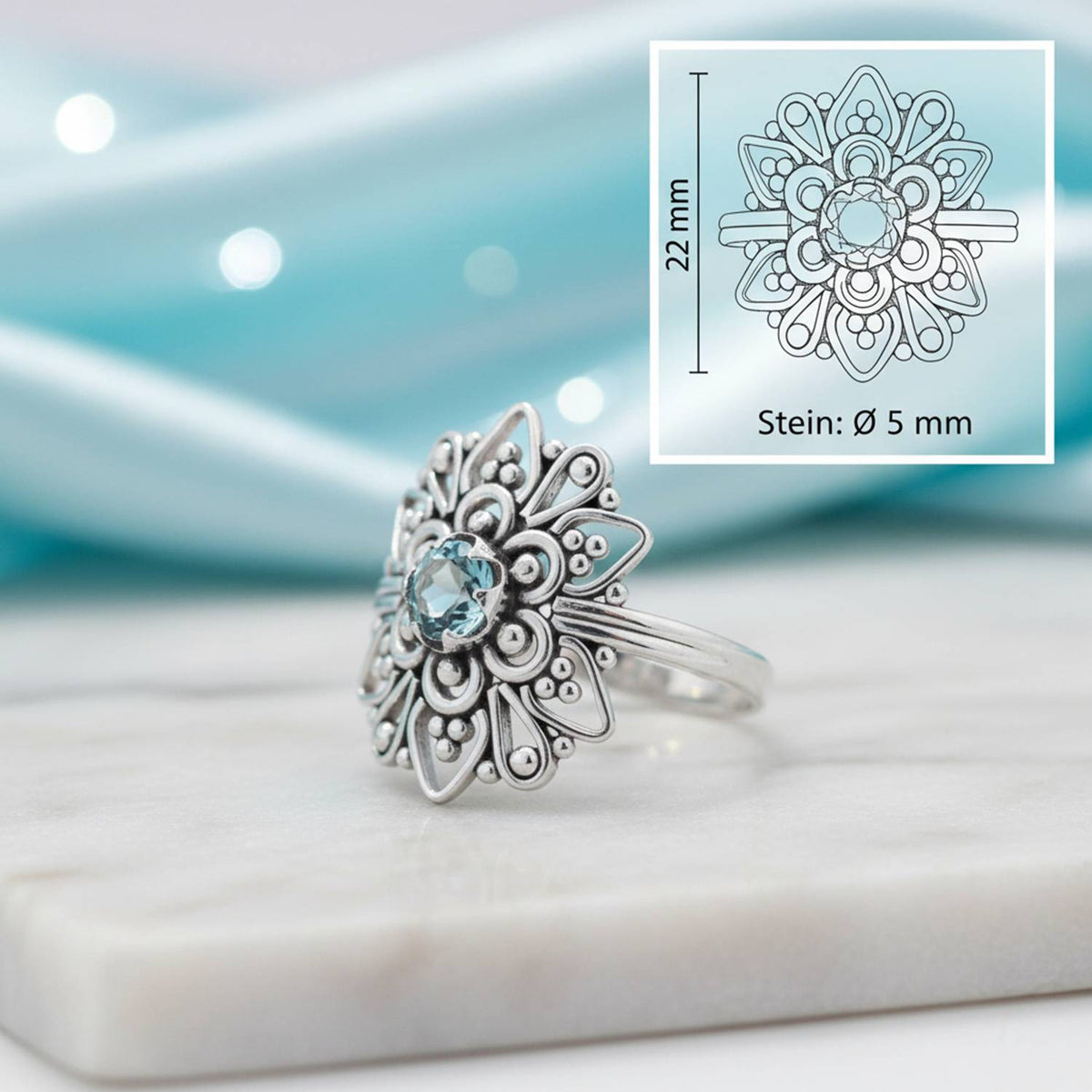 Topasring aus Silber mit Maßangaben zu Ring und Edelstein