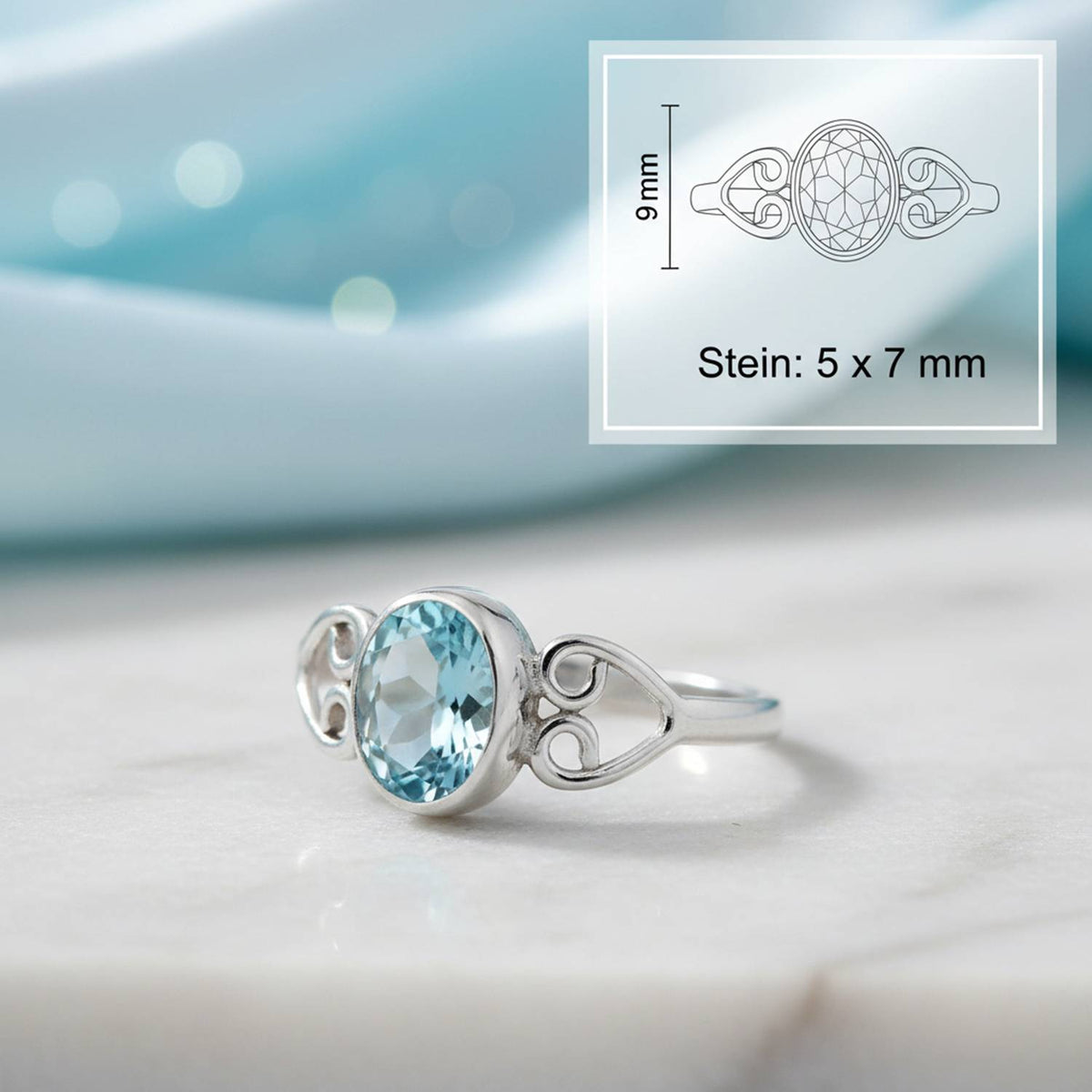 Topasring aus Silber mit Maßangaben zu Ring und Edelstein