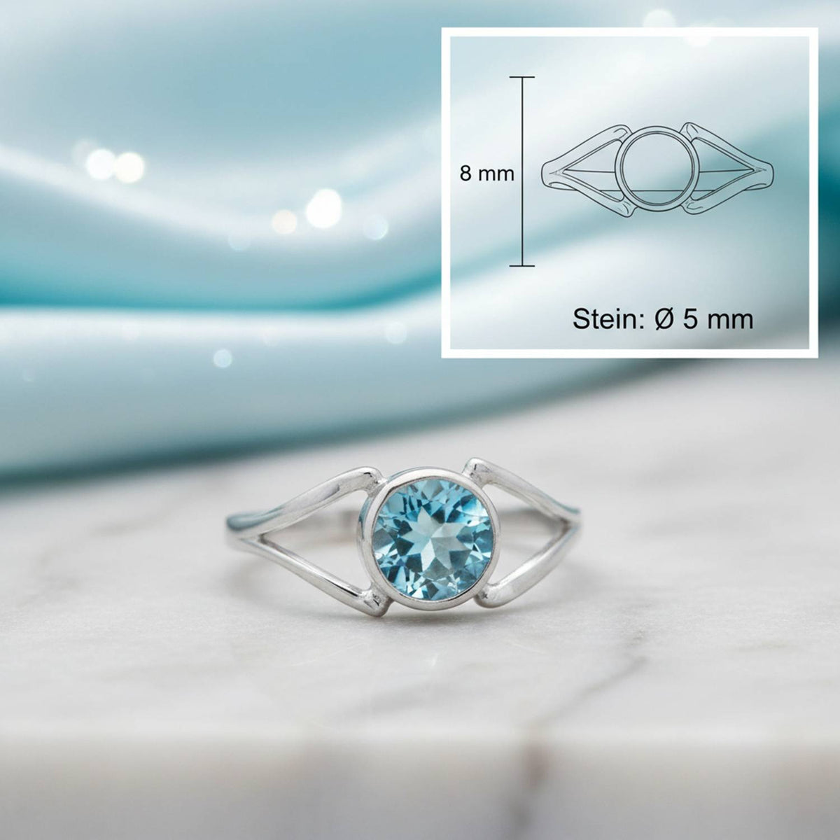 Topasring aus Silber mit Maßangaben zu Ring und Edelstein