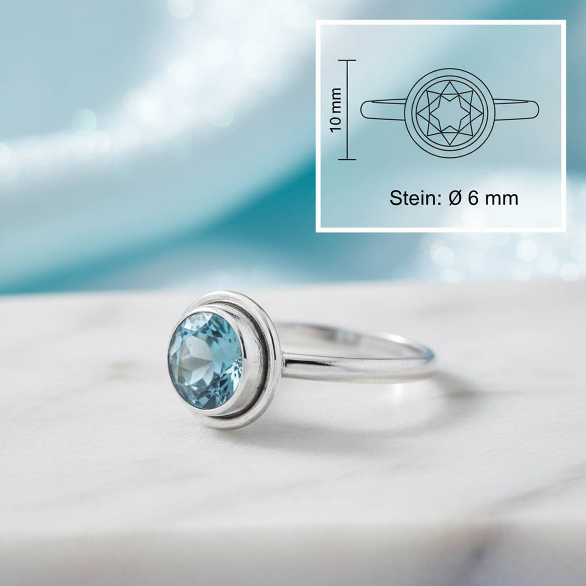 Topasring aus Silber mit Maßangaben zu Ring und Edelstein