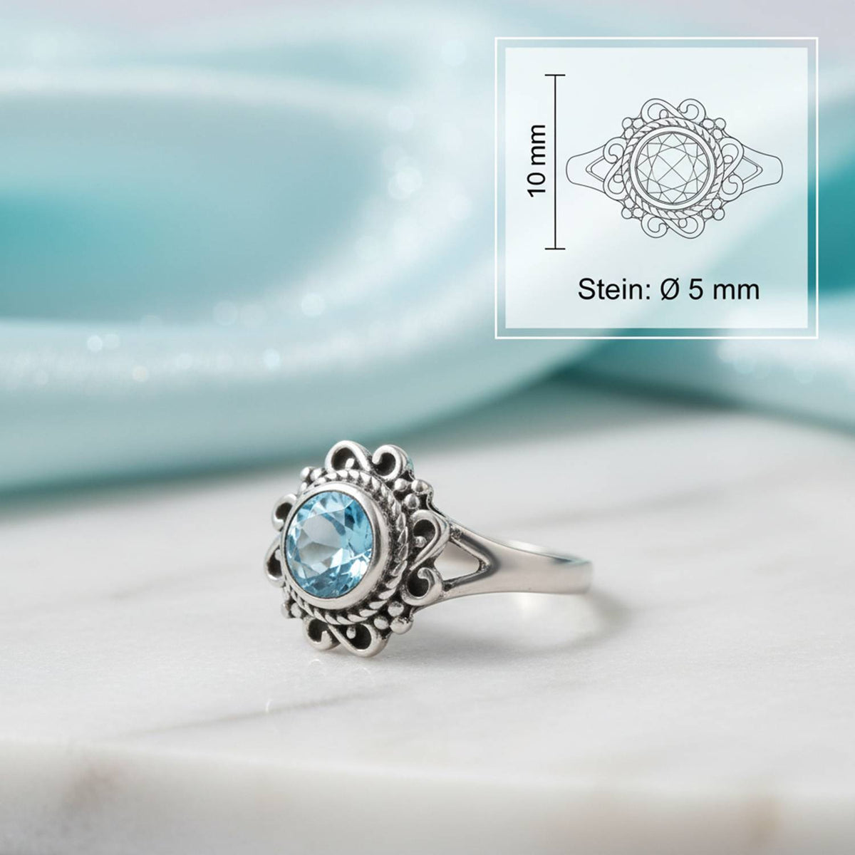 Topasring aus Silber mit Maßangaben zu Ring und Edelstein