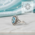 [KI] Topasring aus Silber mit Maßangaben zu Ring und Edelstein