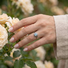 [KI] Silberring mit Topas an der Hand zwischen Blumen