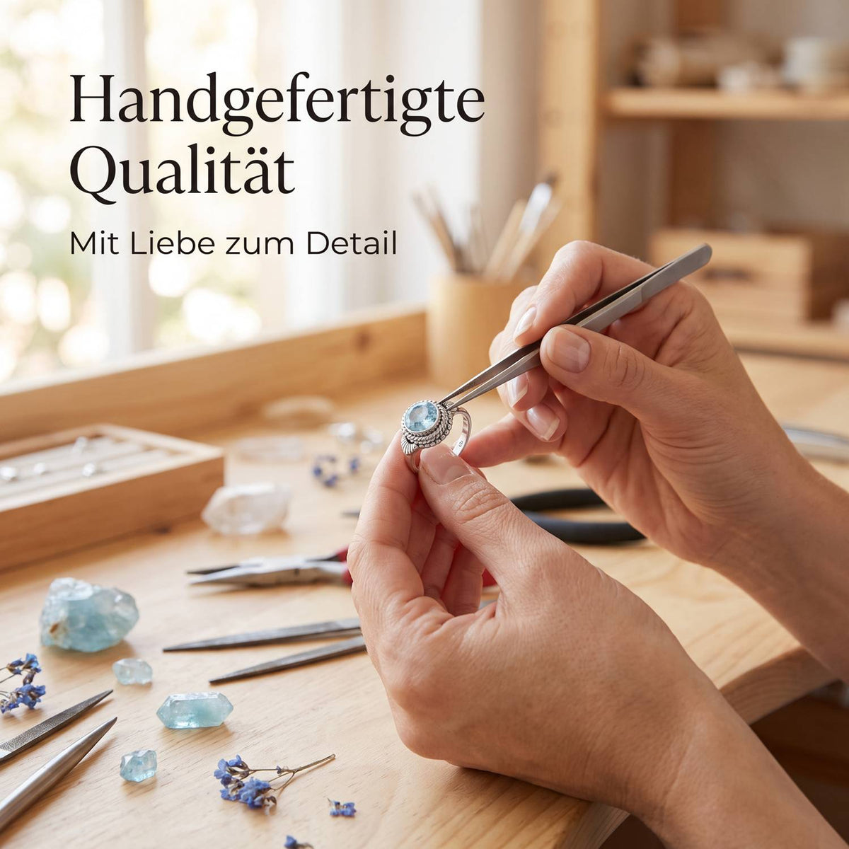 Handgefertigter Silberring mit Topas bei der Schmuckherstellung