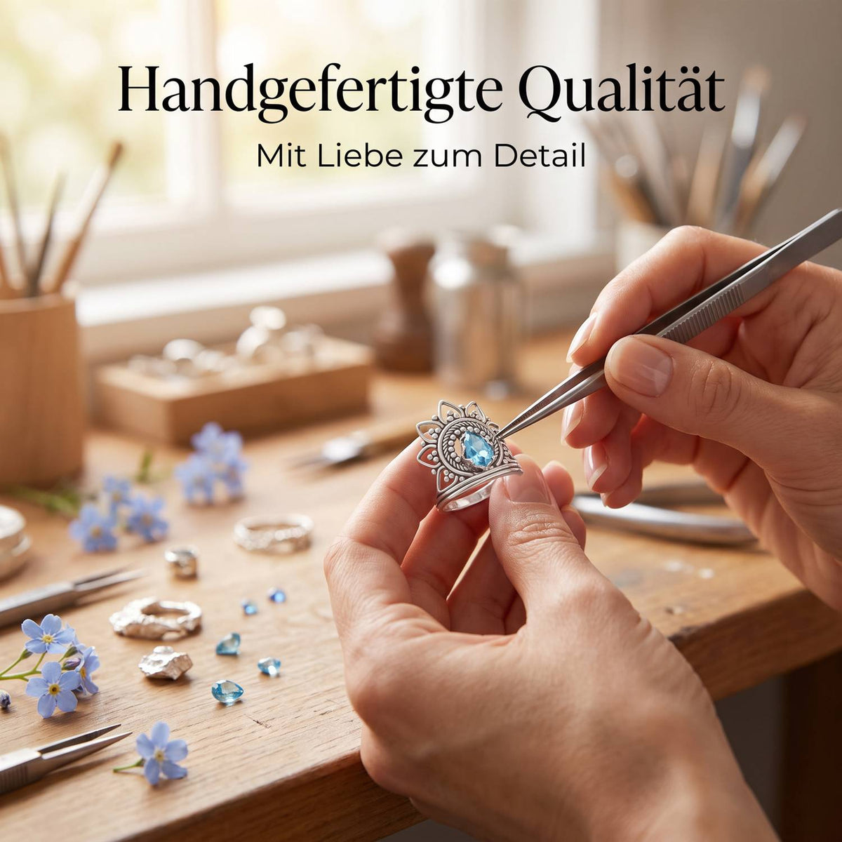 Handgefertigter Silberring mit Topas bei der Schmuckherstellung
