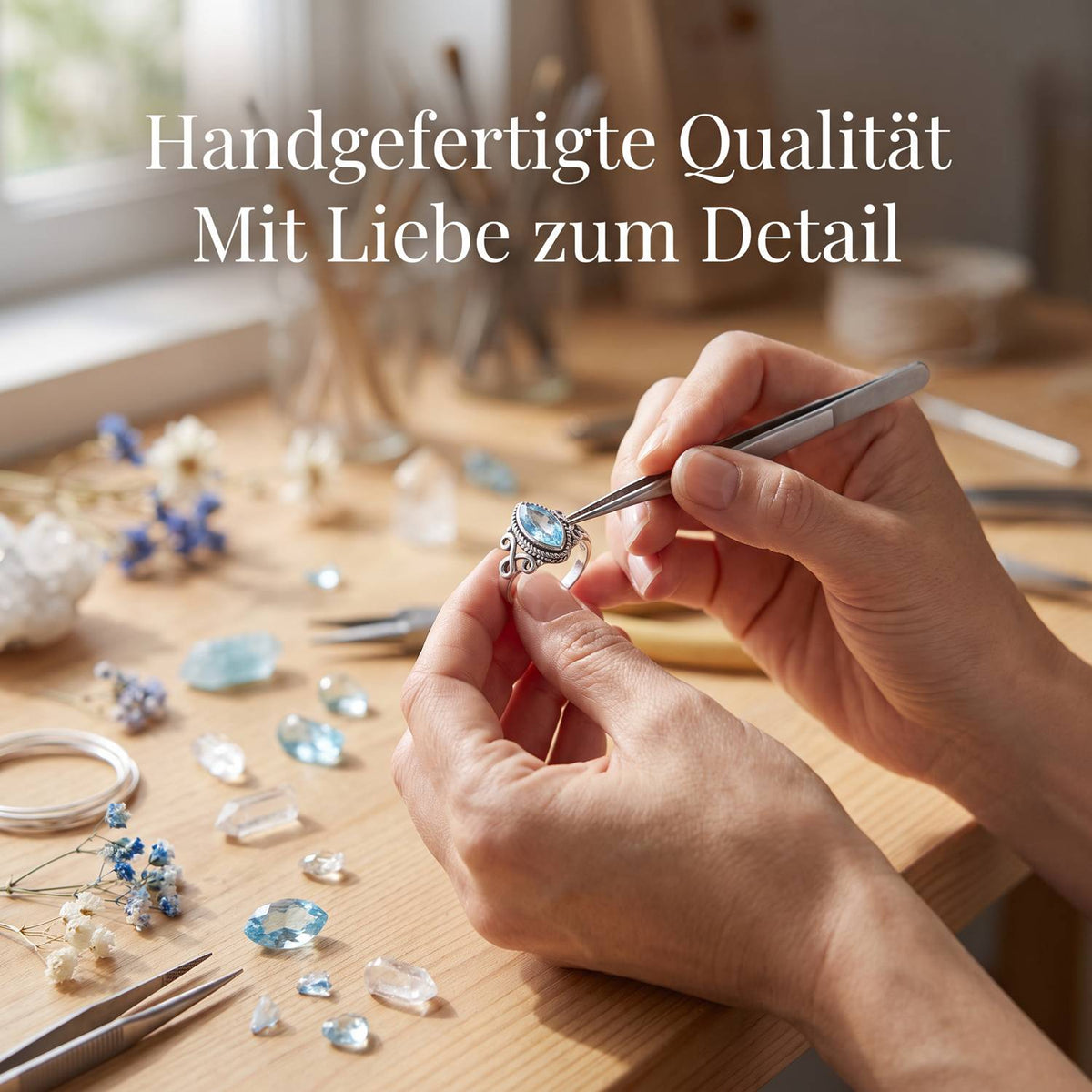 Handgefertigter Silberring mit Topas bei der Schmuckherstellung