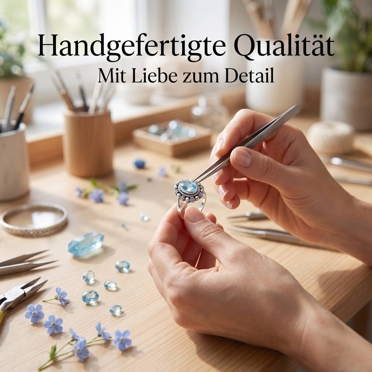 Handgefertigter Silberring mit Topas bei der Schmuckherstellung